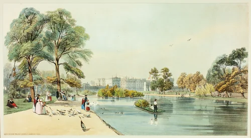 Buckingham Palace from St.James Park, plate eleven from Original Views of London as It Is by Thomas Shotter Boys, print, 1842