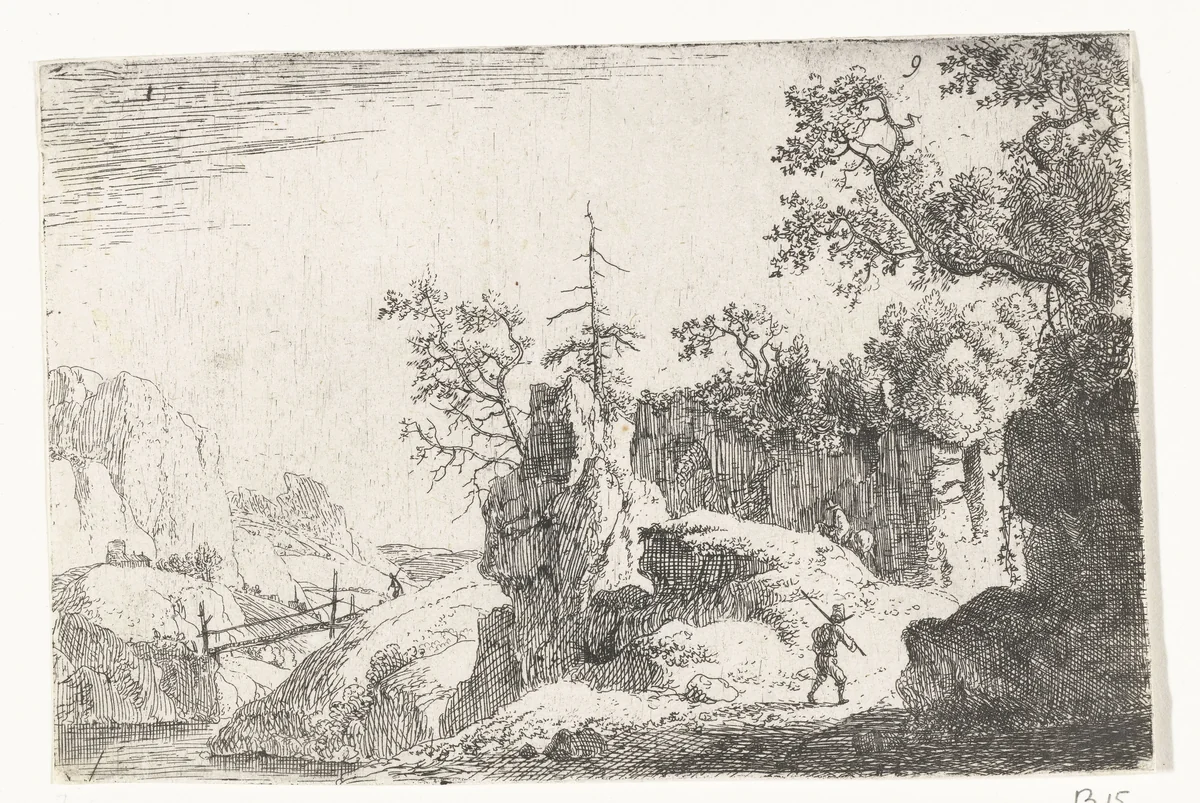 Berglandschap met wandelaar by Jan van Aken, print, 1624-1661