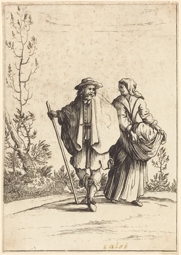 Beggar Couple, with Landscape in Background by Jacques Callot, print, 1600-1699