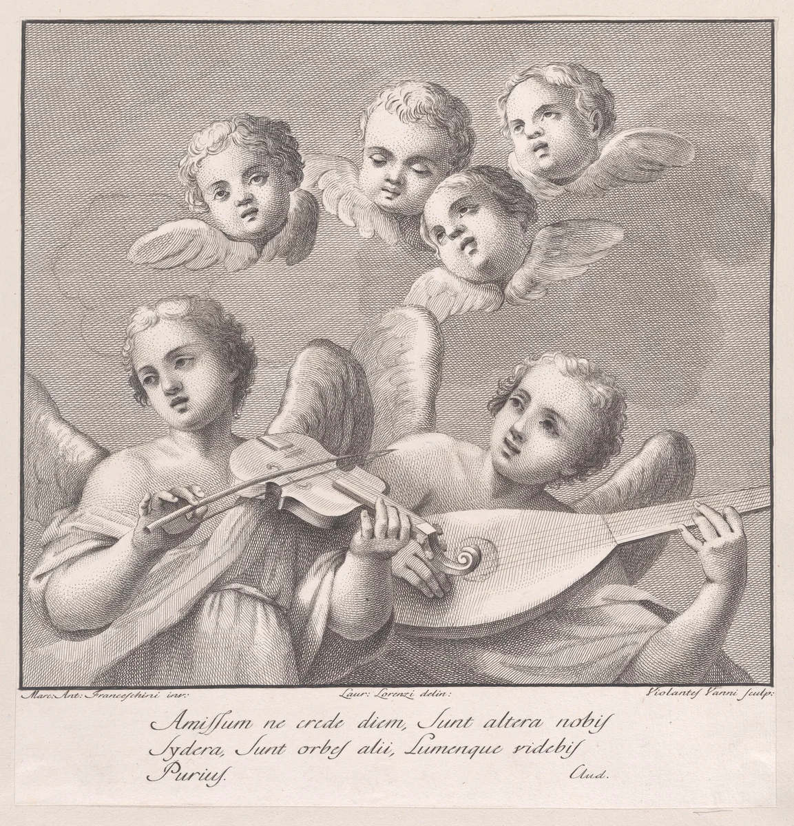 Angels with a violin and lute by Violante Vanni, print, 1774