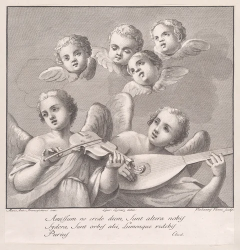 Angels with a violin and lute by Violante Vanni, print, 1774
