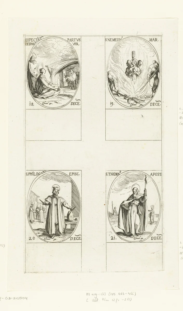 Maria en Jozef wachten op de geboorte van het Christuskind, Heilige Nemesius van Alexandrië, Heilige Philogonius van Antiochië, Heilige Thomas (18-21 december) by Jacques Callot, print, 1632-1636