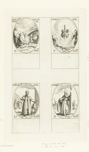 Maria en Jozef wachten op de geboorte van het Christuskind, Heilige Nemesius van Alexandrië, Heilige Philogonius van Antiochië, Heilige Thomas (18-21 december) by Jacques Callot, print, 1632-1636