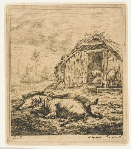Three Pigs Lying in Front of a Shed by Charles Meryon, print, 1850