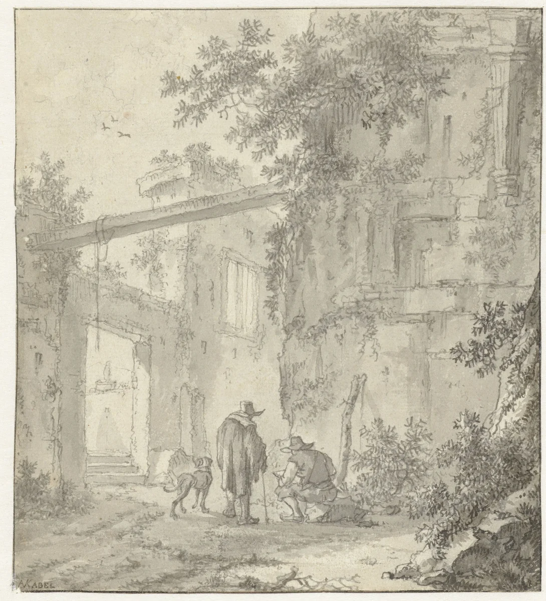 View of Ancient Ruins with a Draughtsman, his Companion and a Dog by Adriaen van der Kabel, drawing, 1655