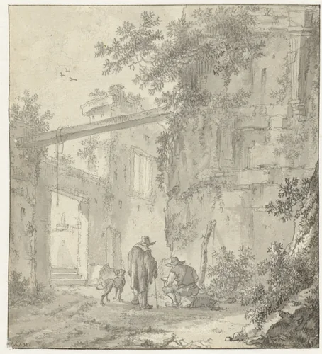 View of Ancient Ruins with a Draughtsman, his Companion and a Dog by Adriaen van der Kabel, drawing, 1655