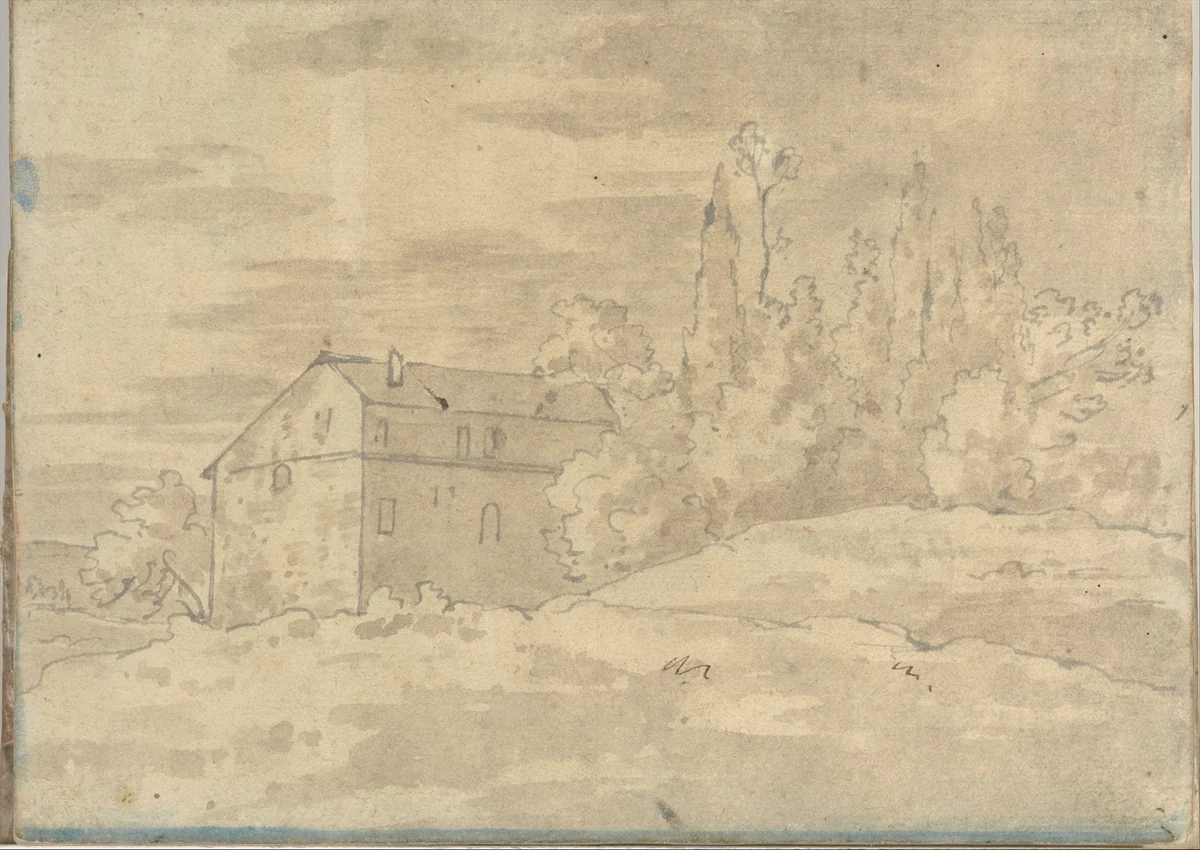 A villa surrounded by trees, at Rome (Smaller Italian sketchbook, leaf 22 recto) by Joseph Wright, drawing, 1774-1775