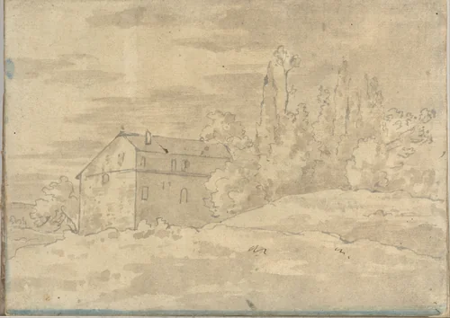 A villa surrounded by trees, at Rome (Smaller Italian sketchbook, leaf 22 recto) by Joseph Wright, drawing, 1774-1775