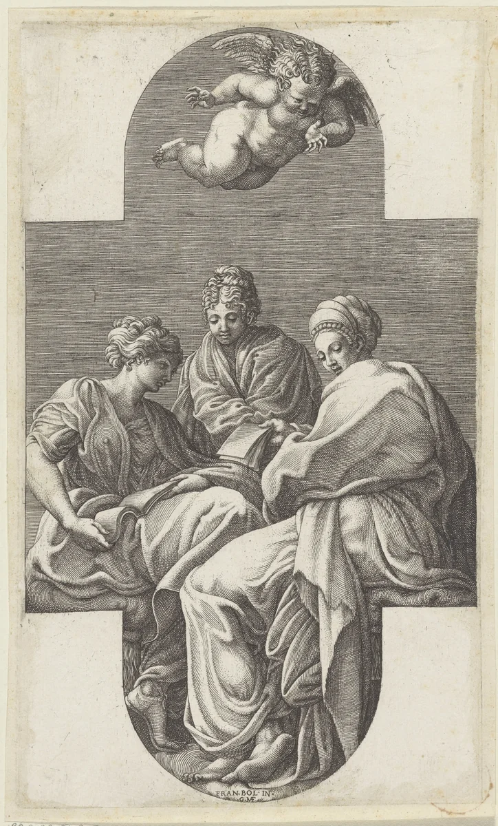 Drie Muzen en een gebarende putto by Unknown, print, 1541-1582