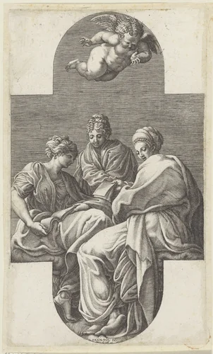 Drie Muzen en een gebarende putto by Unknown, print, 1541-1582