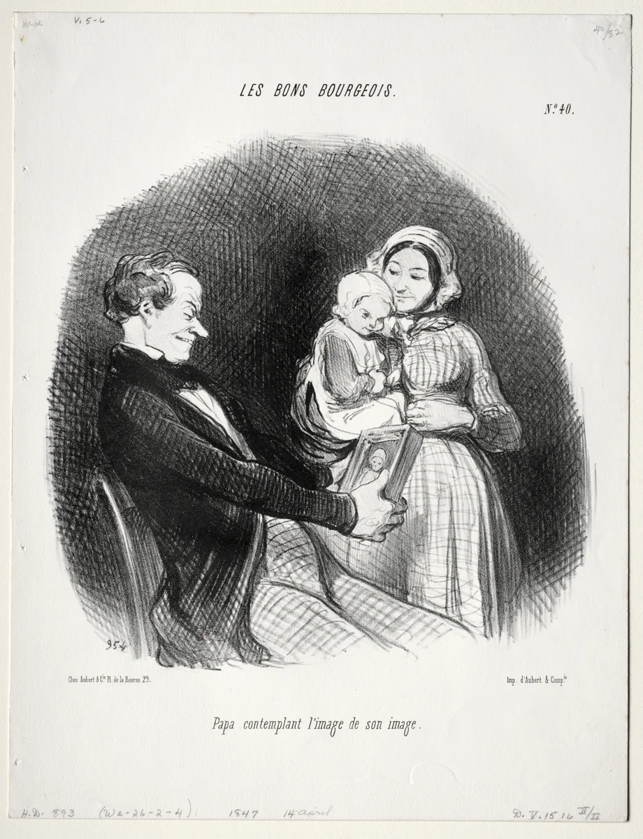 Papa contemplates a likeness of his likeness by Honoré Daumier, print, 1847