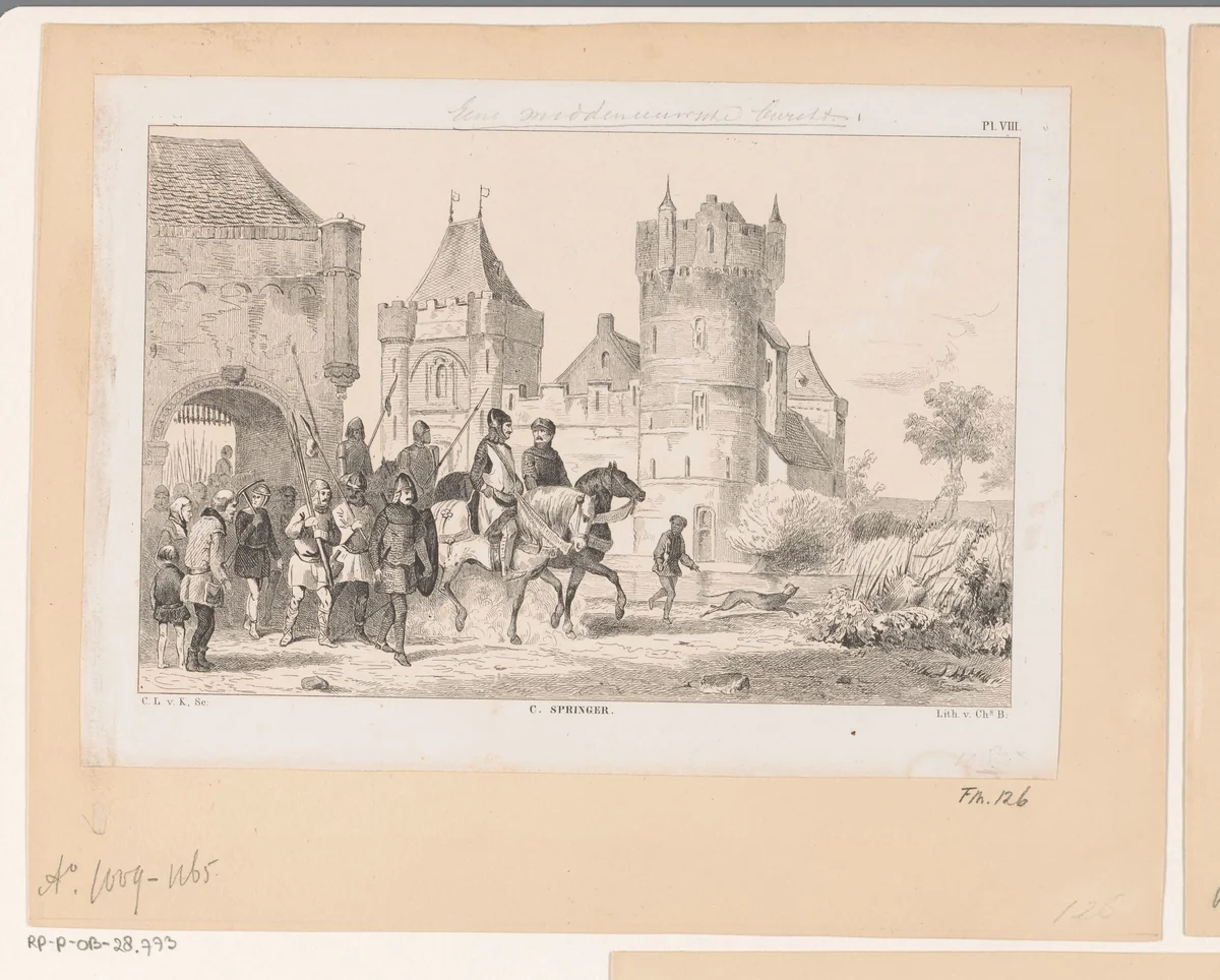 Een Middeleeuwse burcht, 11e eeuw by Christiaan Lodewijk van Kesteren, print, 1853-1861