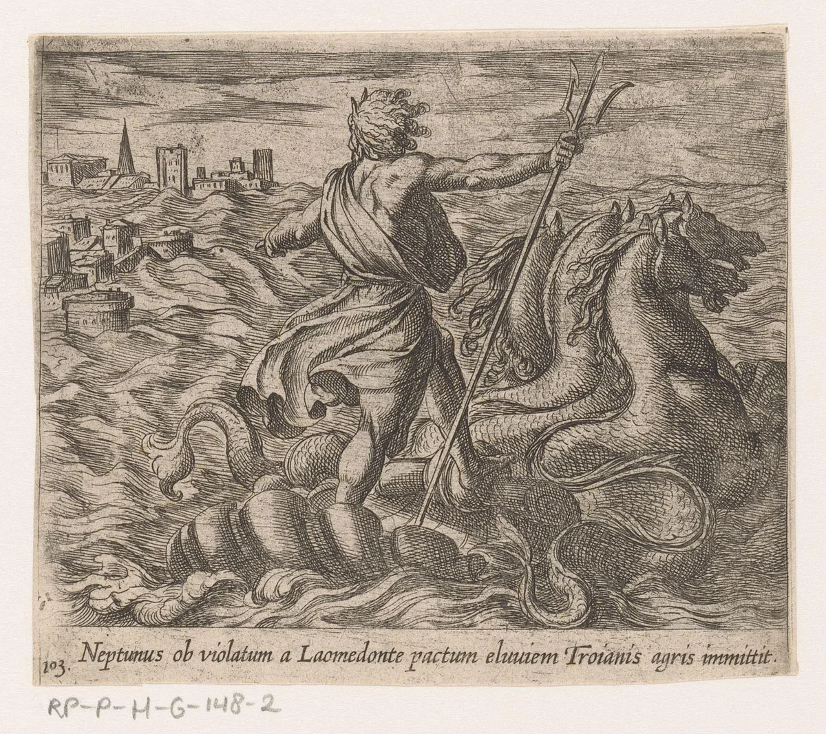 Neptunus stuurt een zondvloed op Troje af by Antonio Tempesta, print, 1606-1638