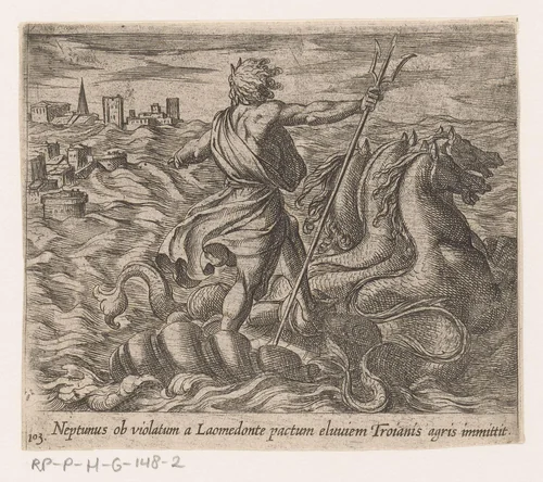 Neptunus stuurt een zondvloed op Troje af by Antonio Tempesta, print, 1606-1638