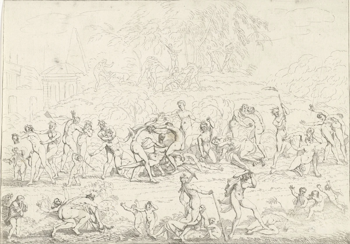 Vechtende Bacchanten en nimfen by Gerard Melder, print, 1725