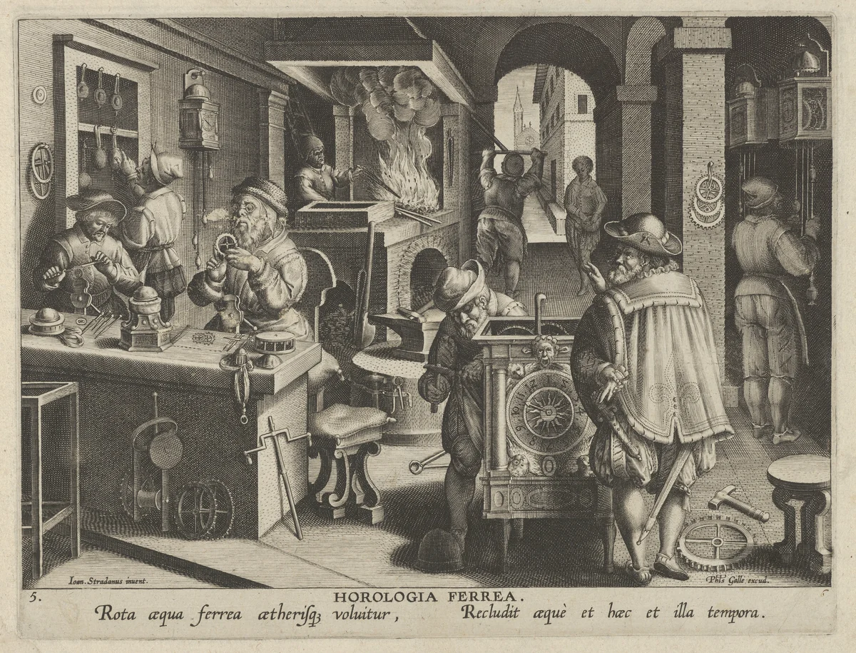 New Inventions of Modern Times [Nova Reperta], The Invention of the Clockwork, plate 5 by Jan Collaert, print, 1595-1605