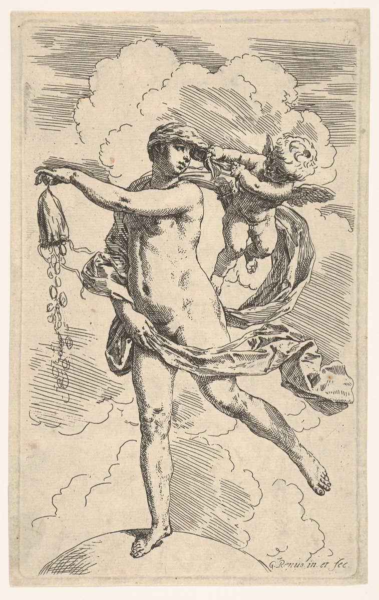 Fortune standing with one foot on a globe and emptying a purse of coins by Simone Cantarini, print, 1630-1640