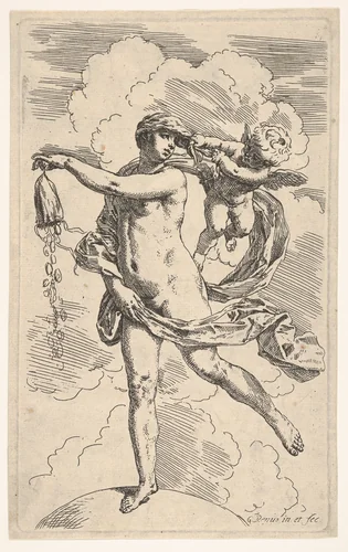 Fortune standing with one foot on a globe and emptying a purse of coins by Simone Cantarini, print, 1630-1640