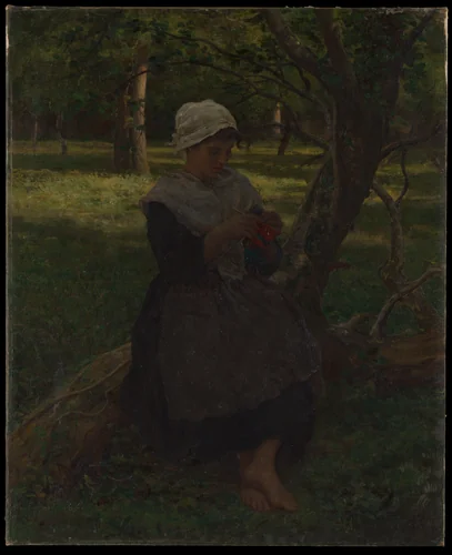 A Peasant Girl Knitting by Jules Breton, painting, 1865-1875