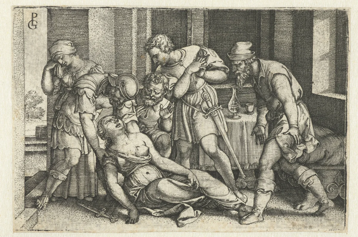 Collatinus en Brutus bij de stervende Lucretia by Unknown, print, 1546-1547