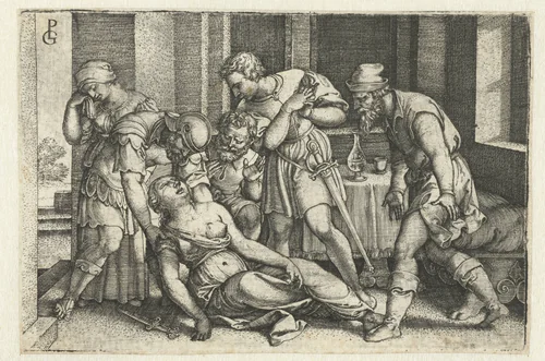 Collatinus en Brutus bij de stervende Lucretia by Unknown, print, 1546-1547