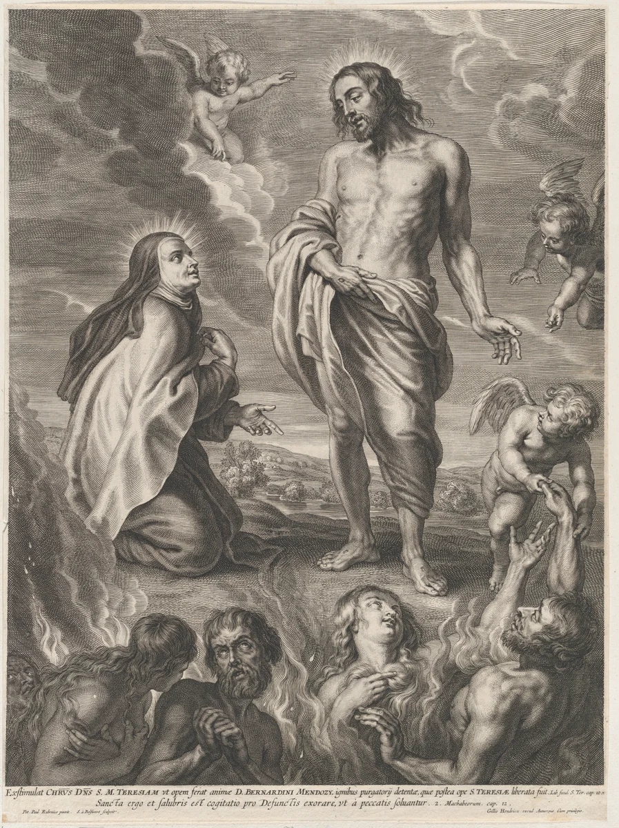 Saint Teresa of Avila interceding for Bernardino de Mendoza by Schelte Adams Bolswert, print, 1635-1659