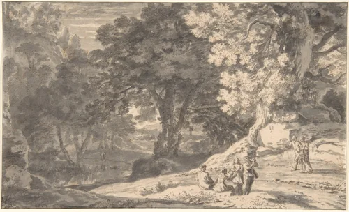 A Wooded Landscape with Travellers by the Roadside, a Stream beyond by Herman van Swanevelt, drawing, 1605-1665