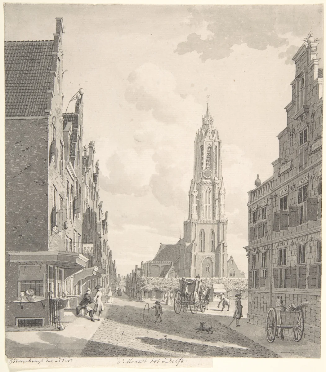 Marketplace of Delft with the Nieuwekerk by Gerrit Toorenburgh, drawing, 1740-1785