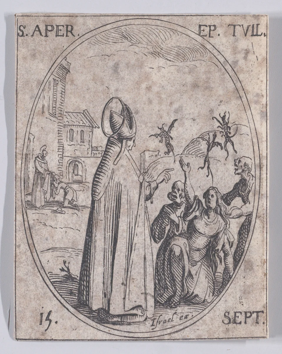 S. Apre, évêque de Toul (St. Aper (Aprus), Bishop of Toul), September 15th, from "Les Images De Tous Les Saincts et Saintes de L'Année" (Images of All of the Saints and Religious Events of the Year) by Jacques Callot, print, 1636