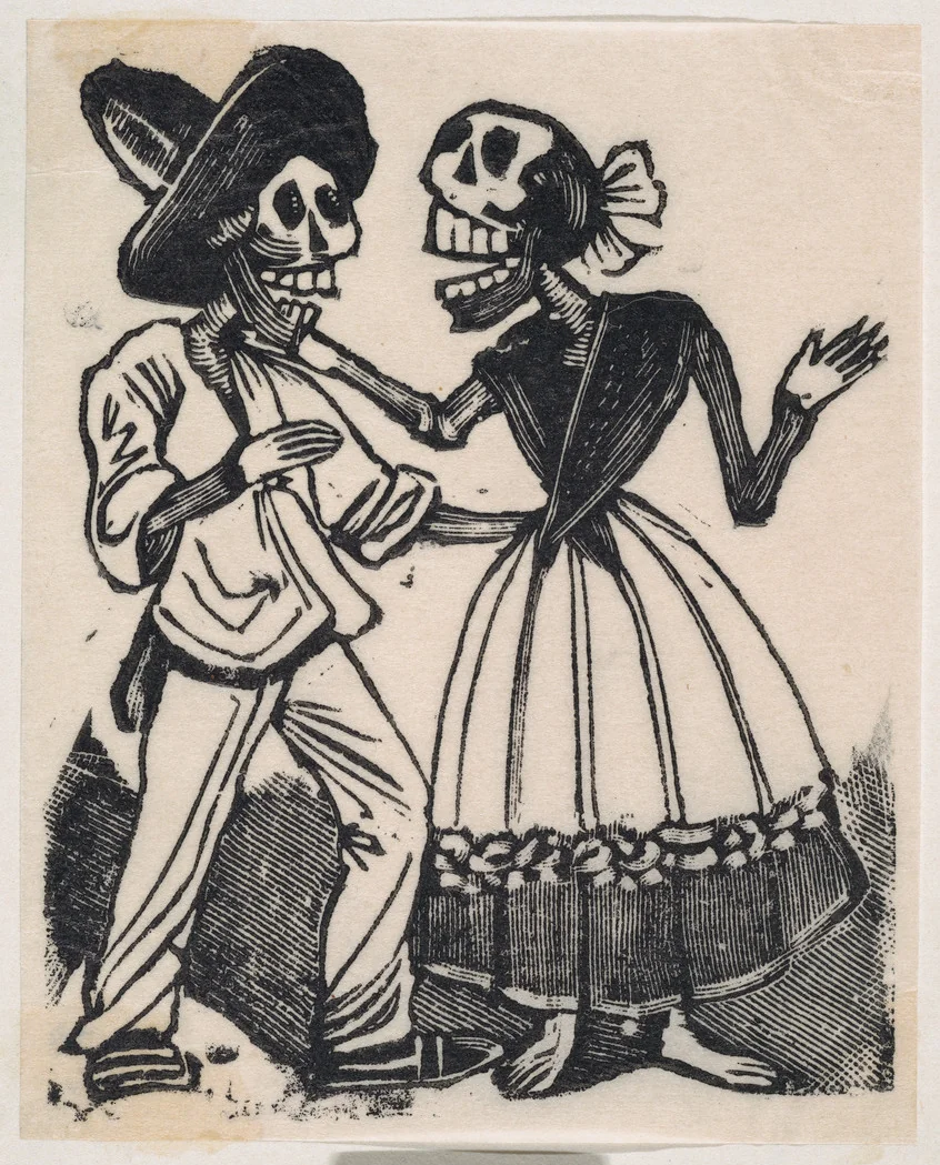 A skeleton in farming clothes speaking to a skeleton in a dress, from a broaside entitled 'La Calavera de Cupido', published by Antonio Vanegas Arroyo. by José Guadalupe Posada, print, 1887-1897