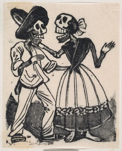 A skeleton in farming clothes speaking to a skeleton in a dress, from a broaside entitled 'La Calavera de Cupido', published by Antonio Vanegas Arroyo. by José Guadalupe Posada, print, 1887-1897