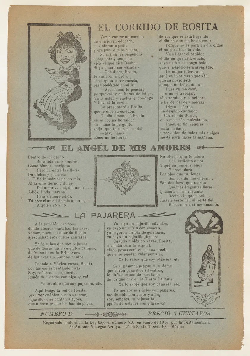 Broadsheet featuring three love ballads with vignettes showing a woman reading, a woman's head in a heart pierced by an arrow and a woman walking by José Guadalupe Posada, print, 1918