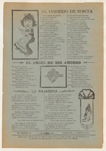 Broadsheet featuring three love ballads with vignettes showing a woman reading, a woman's head in a heart pierced by an arrow and a woman walking by José Guadalupe Posada, print, 1918