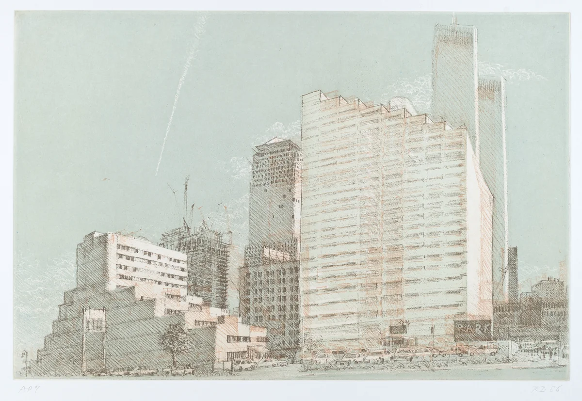 Irving Trust, College of Insurance and a Flight into Newark by Rackstraw Downes, print, 1986