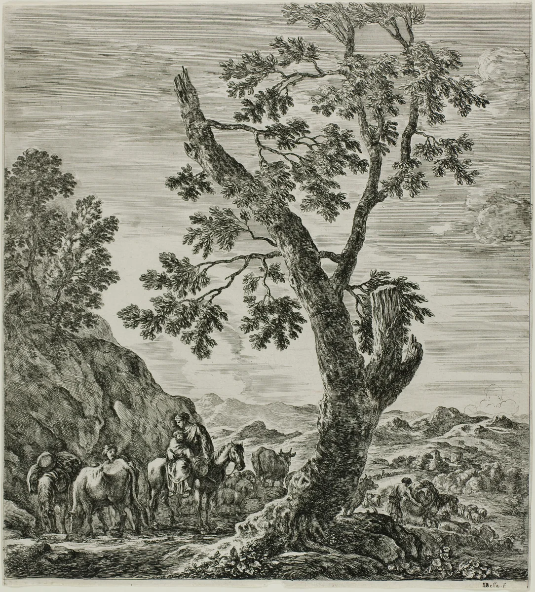 Mounted Peasant with a Child in Her Arms, plate six from The Six Large Views of Rome and the Campagna by Stefano della Bella, print, 1654