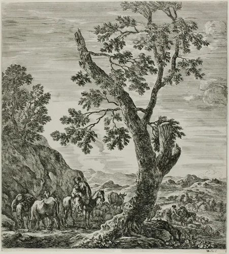 Mounted Peasant with a Child in Her Arms, plate six from The Six Large Views of Rome and the Campagna by Stefano della Bella, print, 1654