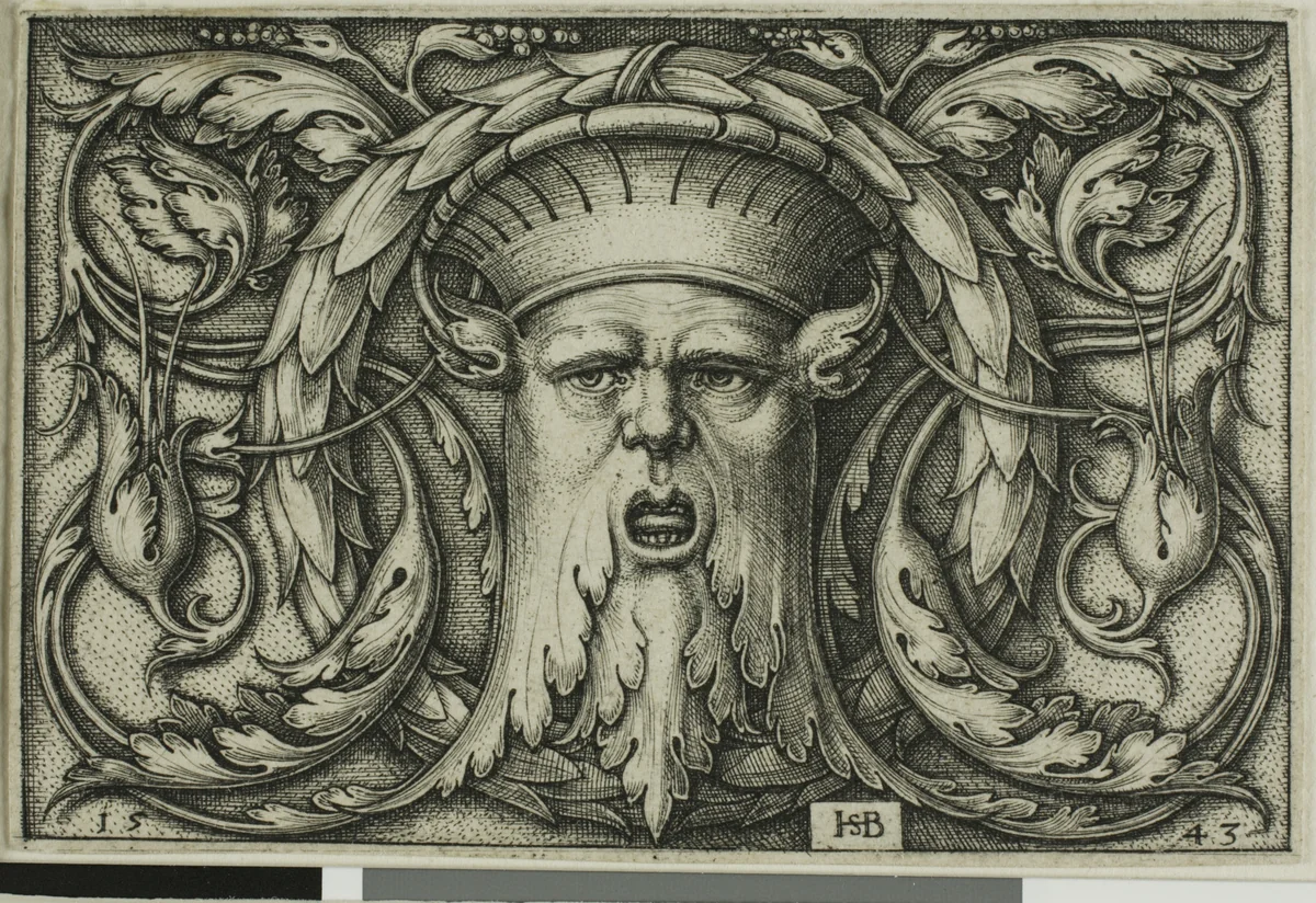 Ornament with a Mask by Sebald Beham, print, 1543