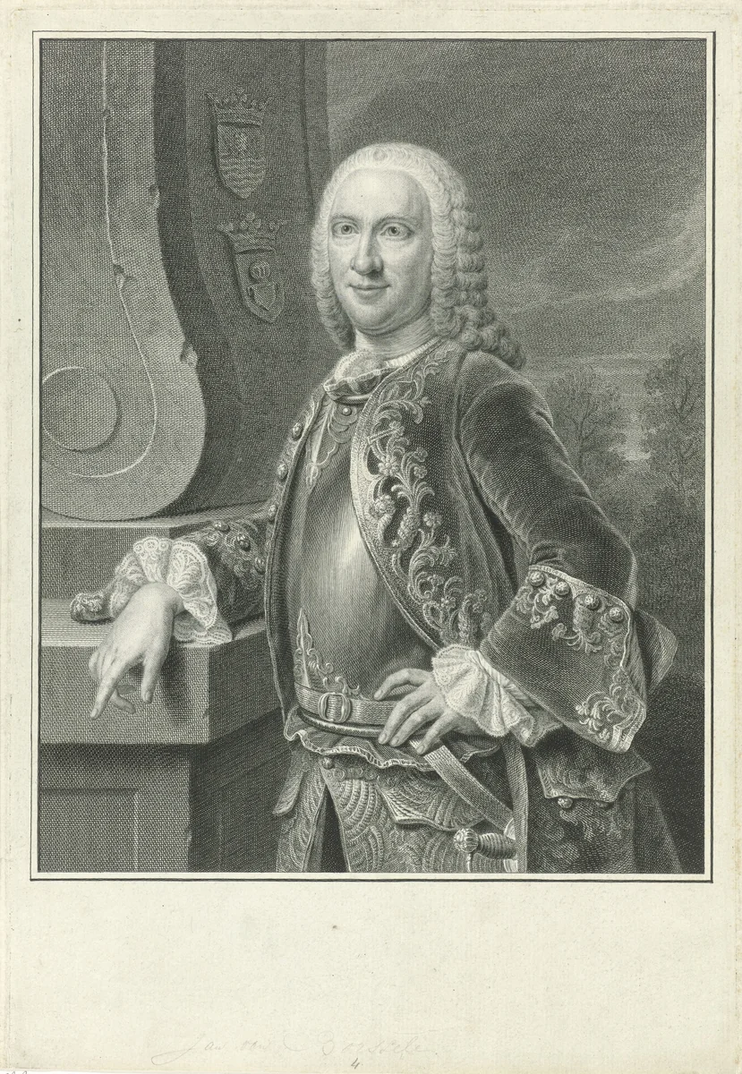 Portret van Jan van Borssele van der Hooge by Pieter Tanjé, print, 1754
