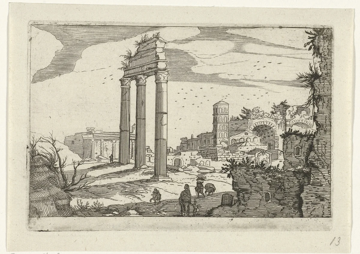 Tempel van Castor en Pollux en de basilica van Constantijn by anonymous, print, 1594-1685