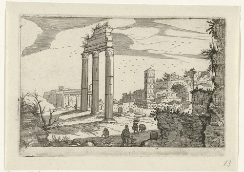 Tempel van Castor en Pollux en de basilica van Constantijn by anonymous, print, 1594-1685