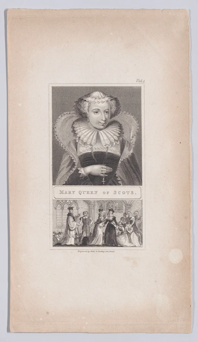 Mary, Queen of Scots, with a small scene of the queen on the scaffold, being prepared by her ladies for execution by James Joshua Neele, print, 1824-1825