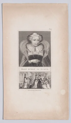 Mary, Queen of Scots, with a small scene of the queen on the scaffold, being prepared by her ladies for execution by James Joshua Neele, print, 1824-1825