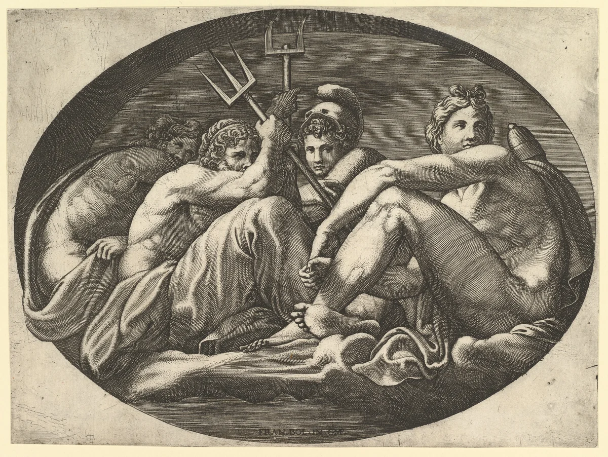Pluto, Neptune, Minerva and Apollo, from a series of eight compositions after Francesco Primaticcio's designs for the ceiling of the Ulysses Gallery (destroyed 1738-39) at Fontainebleau by Giorgio Ghisi, print, 1560-1569