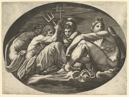 Pluto, Neptune, Minerva and Apollo, from a series of eight compositions after Francesco Primaticcio's designs for the ceiling of the Ulysses Gallery (destroyed 1738-39) at Fontainebleau by Giorgio Ghisi, print, 1560-1569