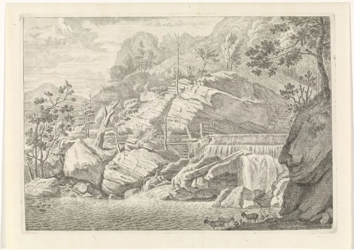Gezicht op de grote waterval van Chartreuse by Johannes Glauber, print, 1656-1726