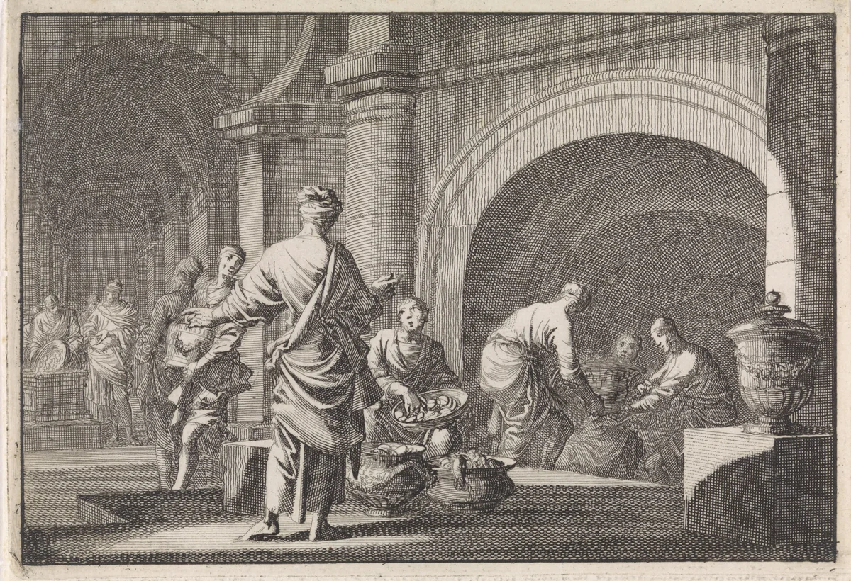 Hyrkanus rooft de kostbaarheden uit het graf van David by Jan Luyken, print, 1704