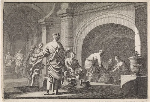Hyrkanus rooft de kostbaarheden uit het graf van David by Jan Luyken, print, 1704