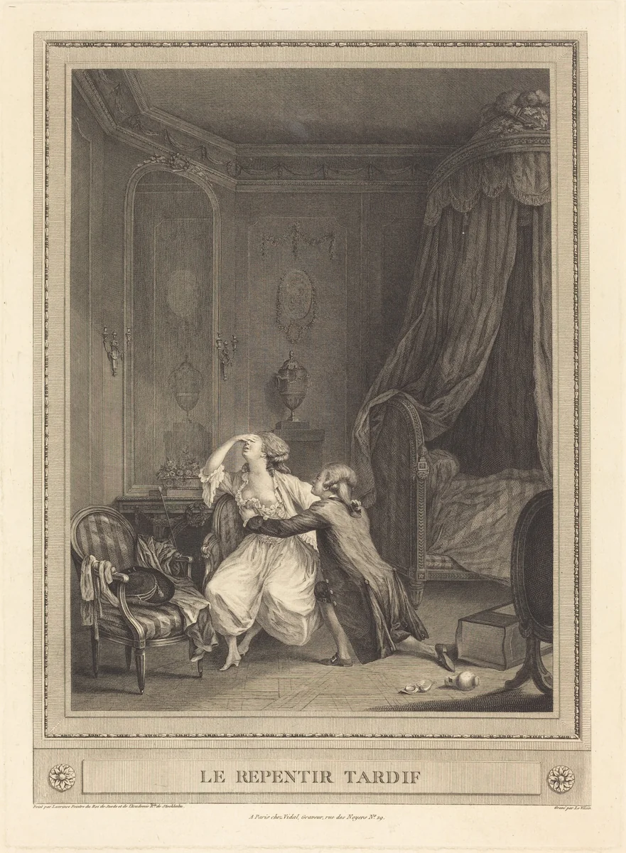 Le repentir tardif by Gerard Rene Le Vilain; Nicolas Lavreince, print, 1740-1836