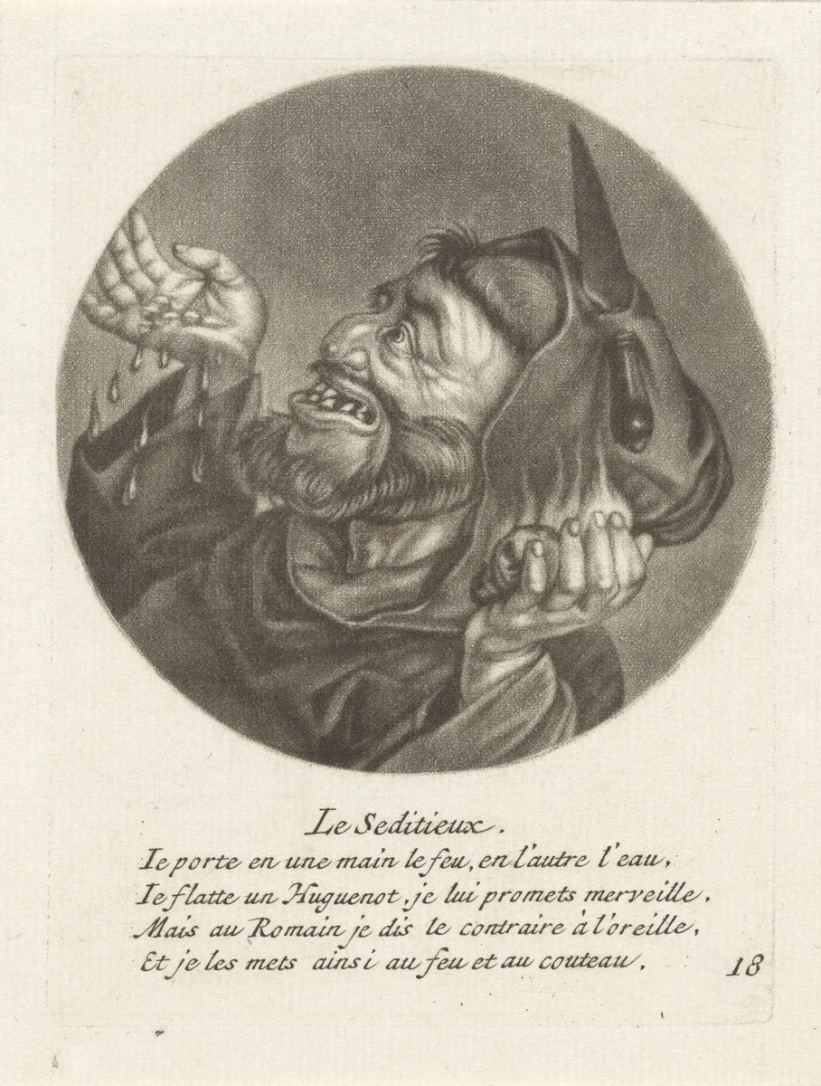 Monnik met vuur en water by Jacob Gole, print, 1670-1724