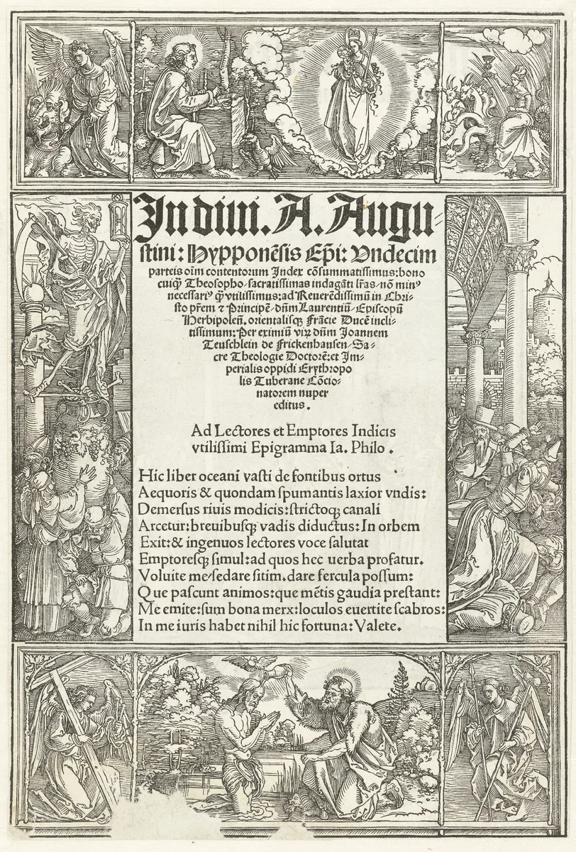 Titelblad met o.a. de doop van Christus en een visioen van Johannes de Evangelist by Unknown, print, 1500-1517